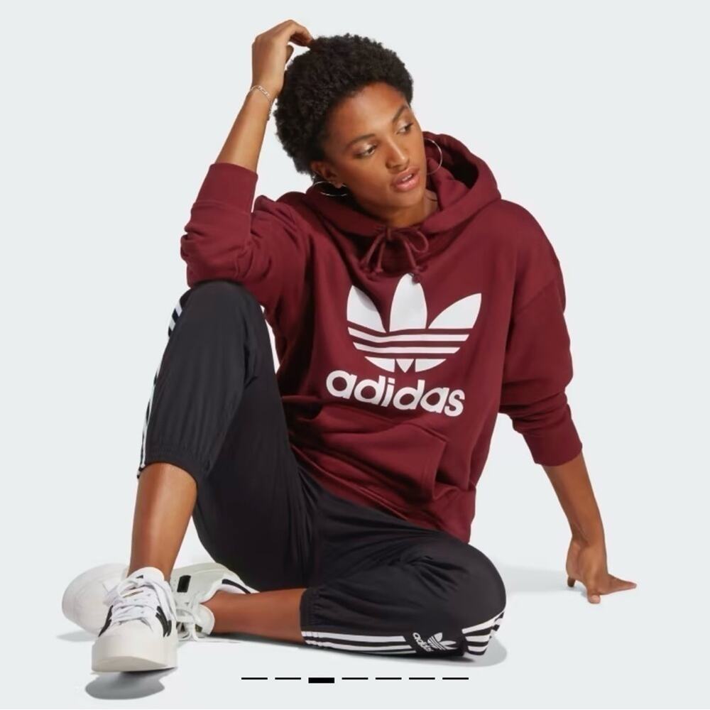 Adidas Trefoil Hoodie with Kangaroo Pocket, Shadow Red, Size XS - Picture 1 of 16